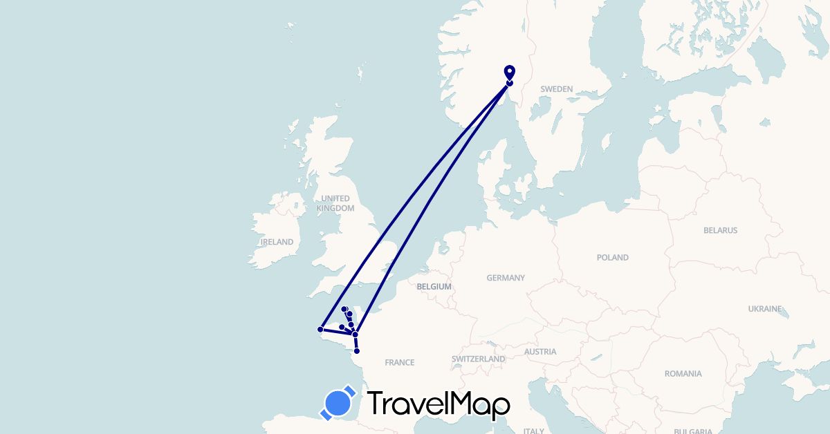 TravelMap itinerary: driving in France, Guernsey, Jersey, Norway (Europe)